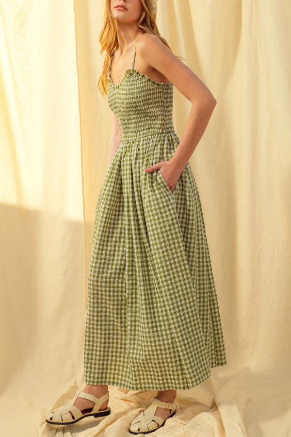 Stylish Plaid Print Spaghetti Strap Ruched Casual Pocket Maxi Dress