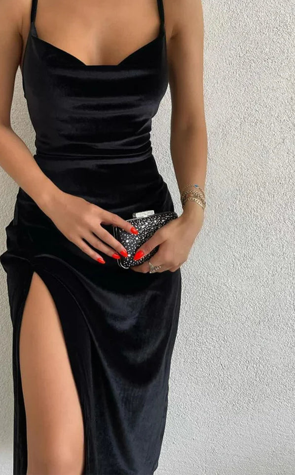 Velvet Cowl Neck Spaghetti Strap Side Ruched High Slit Midi Dress