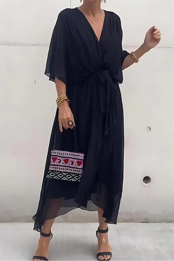 Deep V-Neck Flutter Sleeve Tie Waist Handkerchief Hem Midi Dress