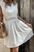 Deep V Neck Lace Trim Waistband Gathered A-Line Mini Dress