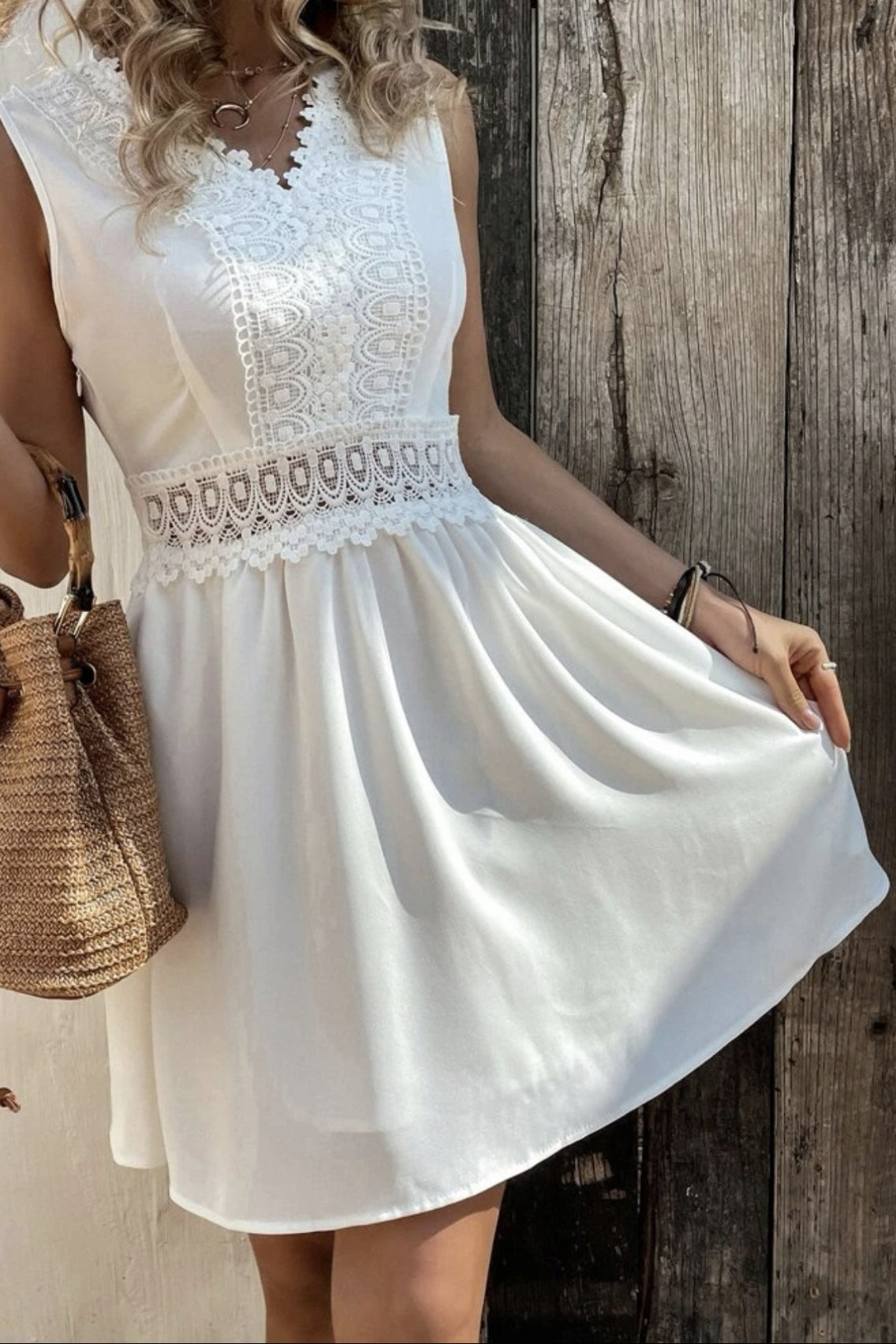 Deep V Neck Lace Trim Waistband Gathered A-Line Mini Dress
