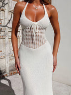 Halter Neck Deep V-Neck Open Knit Panel Rib Knit Maxi Dress