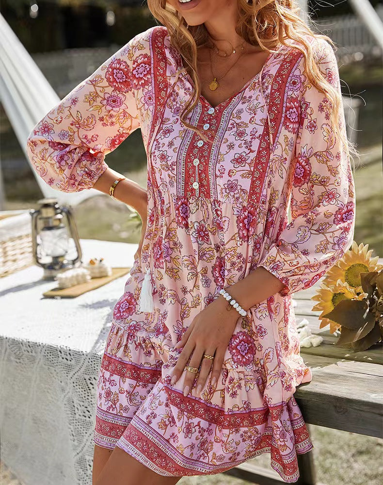 Deep V-Neck Floral Border Print Bishop Sleeve Button Front Babydoll Mini Dress