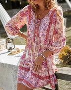 Deep V-Neck Floral Border Print Bishop Sleeve Button Front Babydoll Mini Dress