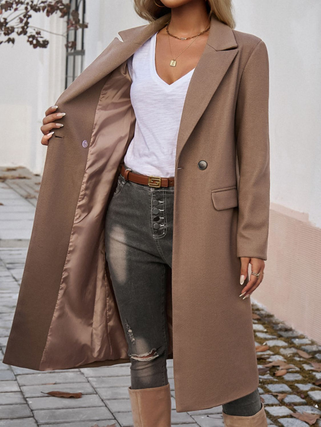 | Long Sleeve Coat with Pockets and Collar