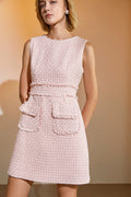 Crew Neck Fringed Waist Patch Pocket Tweed Boucle Mini Dress