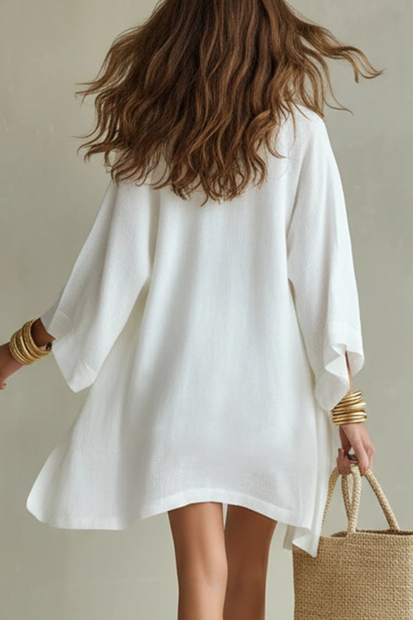 Linen Blend Solid Color V-neck Vest Loose Cardigan and Elastic Waist Pocket Casual Shorts Three-piece Set