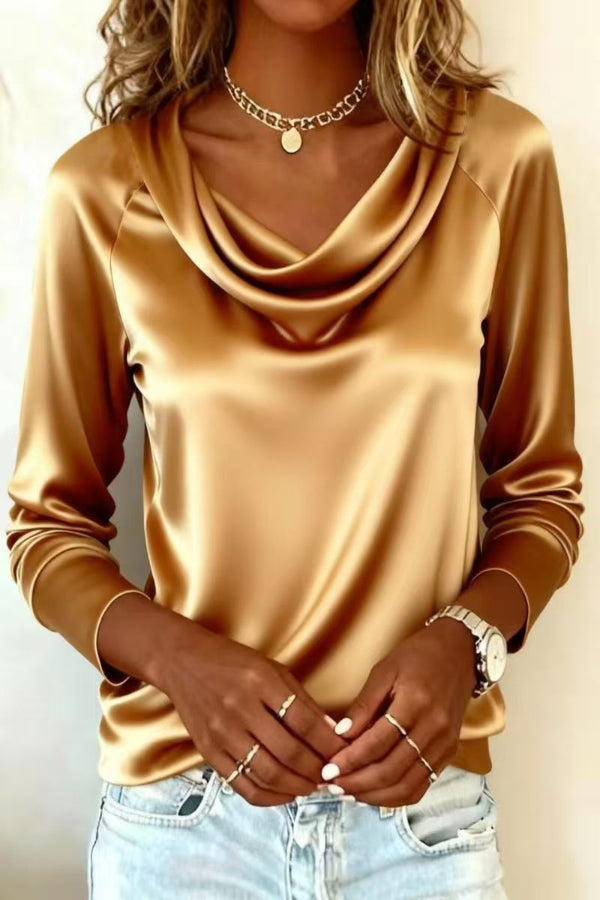 Solid Color Satin Casual Long-sleeved Draped Shirt