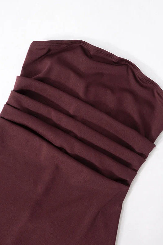 Strapless Ruched Waist Bodycon Maxi Dress Mesh Gloves Scarf Set