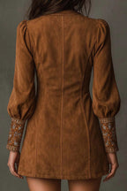 Fashionable Suede Embroidered V-neck Long-sleeved Slim-fit Mini Dress