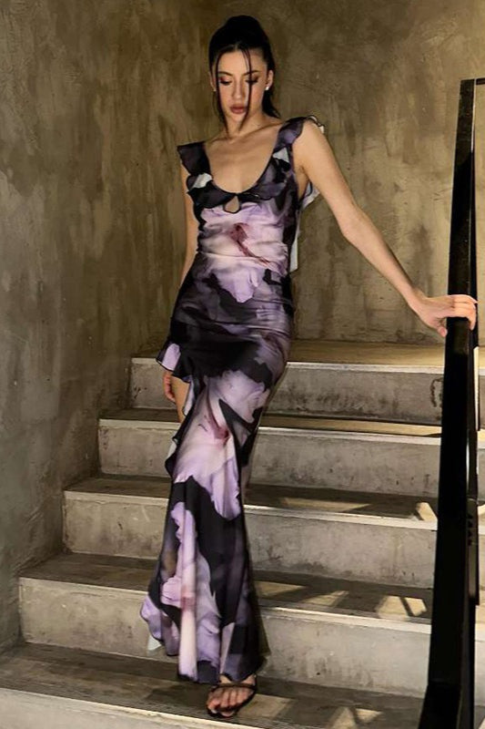 Purple Wide Strap Scoop Neck Keyhole Ruffle Strap High Slit Maxi Dress