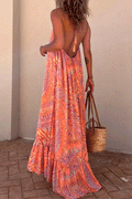 Halter Backless Printed Maxi Ruffle Swing Dress