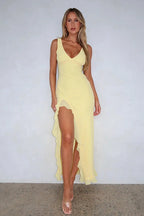 Deep V-Neck Ruched High Split Ruffle Trim Maxi Dress