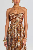 Bohemian Flair Chiffon Golden Paisley Print Cutout Halter Maxi Dress
