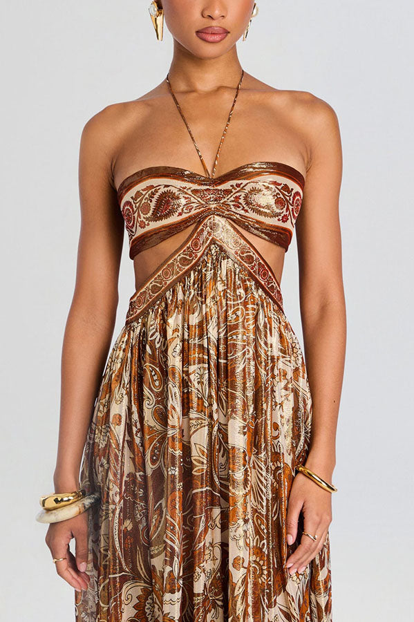 Bohemian Flair Chiffon Golden Paisley Print Cutout Halter Maxi Dress