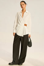 Faux Leather Panel Ruched Collared Slim Versatile Blouse