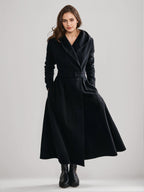 Woolen Flared Coat With Hood Vintage Belted A-line Winter Long Outerwear For Women 2026