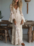 Boho Floral Lace Maxi Dress For Women - Apricot V-Neck Empire Waist Flare Sleeve Long Gown - Spring Beach Resort 2026