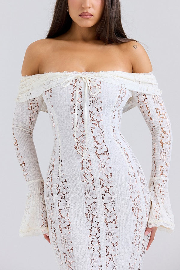 Leila Elevated Off Shoulder Floral Lace Flared Sleeve Fishtail Maxi Dress White Occasion Wear