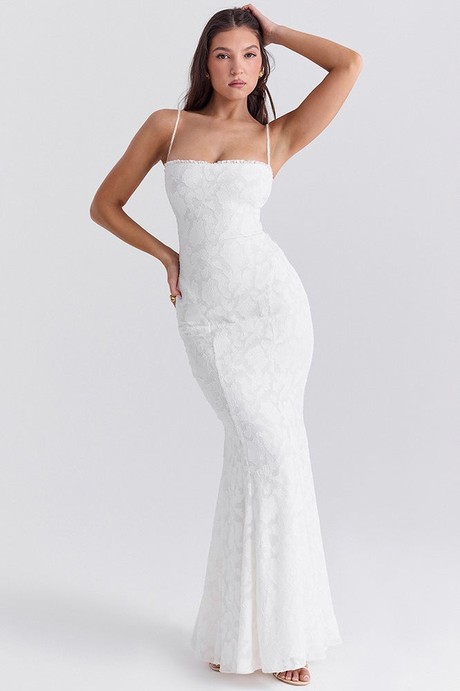 Lace Corset Square Neck Spaghetti Strap Mermaid Maxi Gown