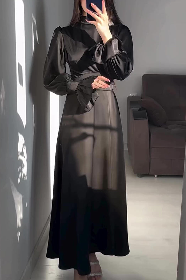 Mock Neck Bishop Sleeve Ruched Waist Satin Maxi Dress