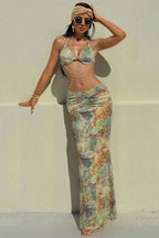 Halter Bow Front Ruched Waist Marble Print Maxi Skirt Two Piece Set