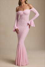 Sequin Off Shoulder Sweetheart Long Bell Sleeve Mermaid Formal Gown