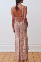 Red Spaghetti Strap Backless Ditsy Floral Print A-Line Maxi Dress