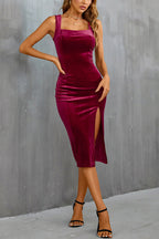 Velvet Square Neck Bodycon Side Slit Midi Dress