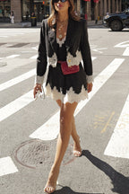 Pinstripe Lace Trim Cropped Blazer and Mini Skirt Two Piece Set