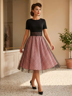 Retro Glamour Dress 1950s Style Jewel Neck Layered Short Sleeves Medium Polka Dot Rockabilly Dress