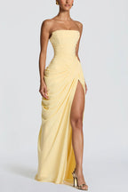 Cyra Chiffon Back Lace-up Asymmetrical Pleats Strapless Slit Maxi Dress