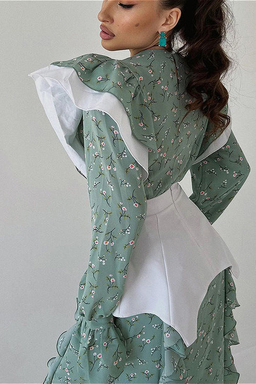 Removable Belt Long Sleeve Casual Floral Dress