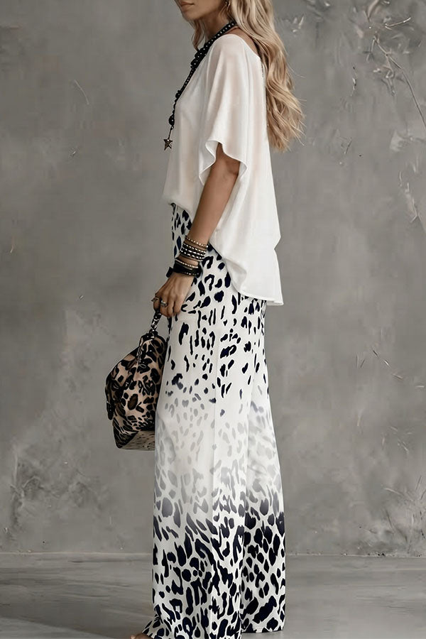 Safari Glam Draped Blouse & Ombre Leopard Wide-Leg Trousers Set