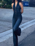 Lapel Neck Backless Zip Up High Rise Jumpsuits
