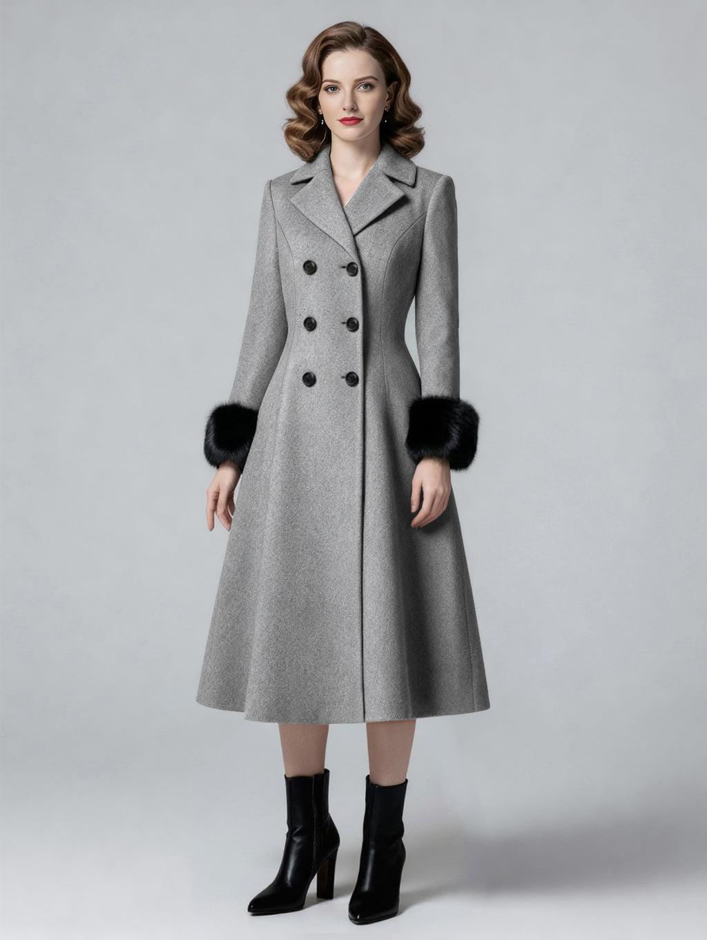 Wool Blend Double-breasted Midi Flared Coat with black Faux Fur Cuffs For Women 2026