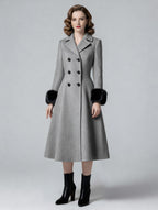 Wool Blend Double-breasted Midi Flared Coat with black Faux Fur Cuffs For Women 2026