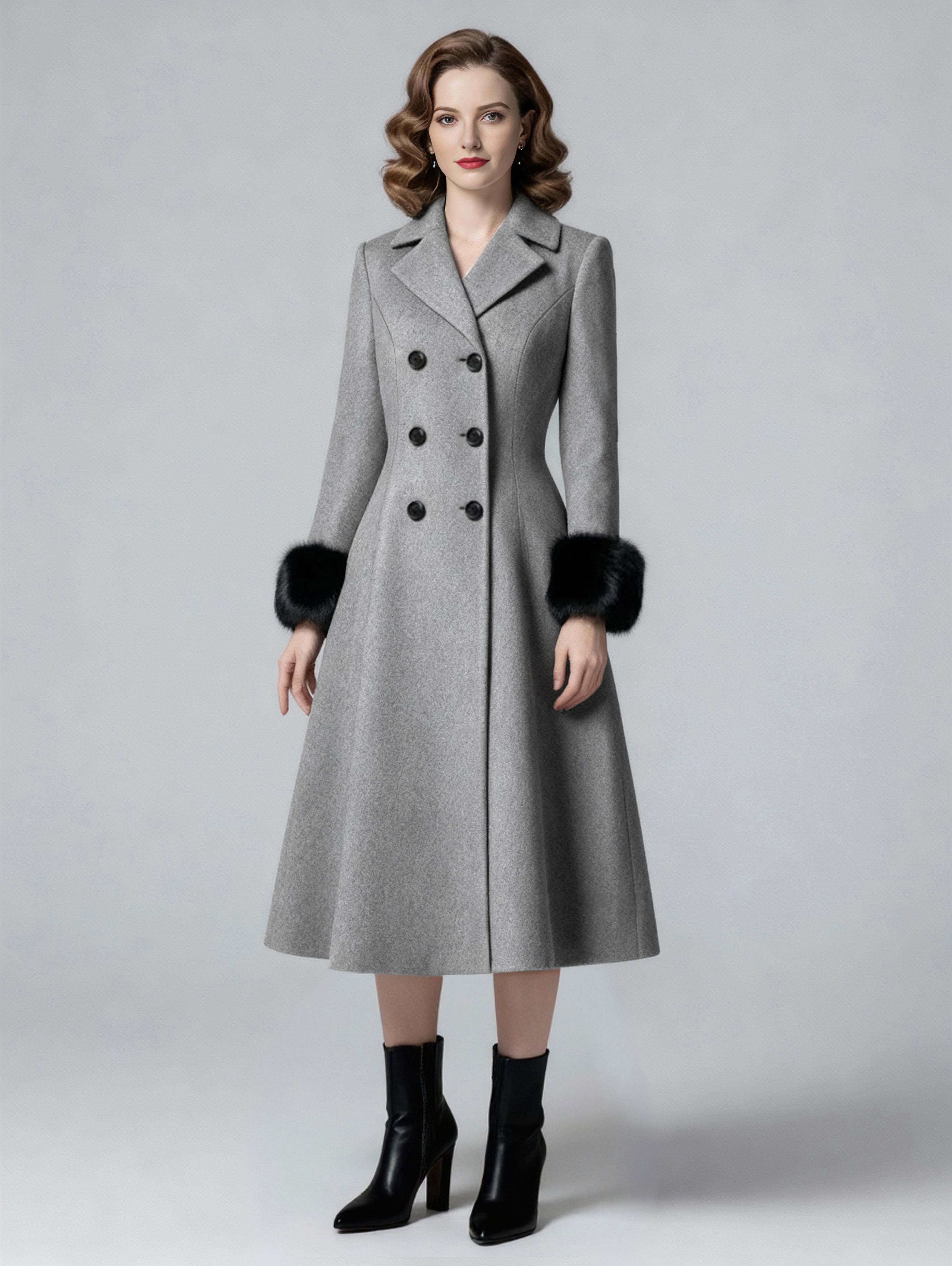 Wool Blend Double-breasted Midi Flared Coat with black Faux Fur Cuffs For Women 2026