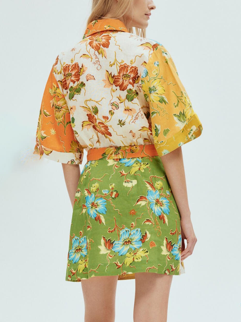 Patchwork Floral Print Collared Tie Waist Shirt Mini Dress