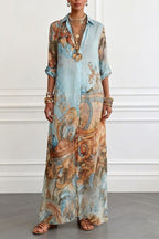 Boho Vintage Art Print Button Down Maxi Shirt Dress