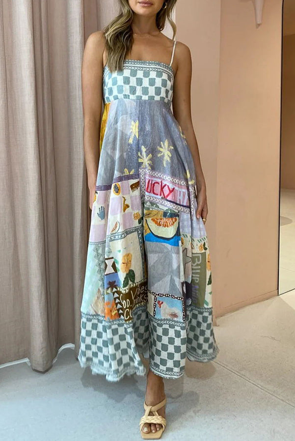 Gingham Trim Patchwork Graphic Print Square Neck Spaghetti Strap Maxi Dress