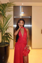 Sequin Deep V-Neck Halter Choker High Split Maxi Gown