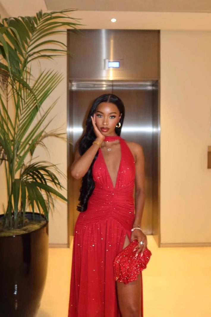 Sequin Deep V-Neck Halter Choker High Split Maxi Gown
