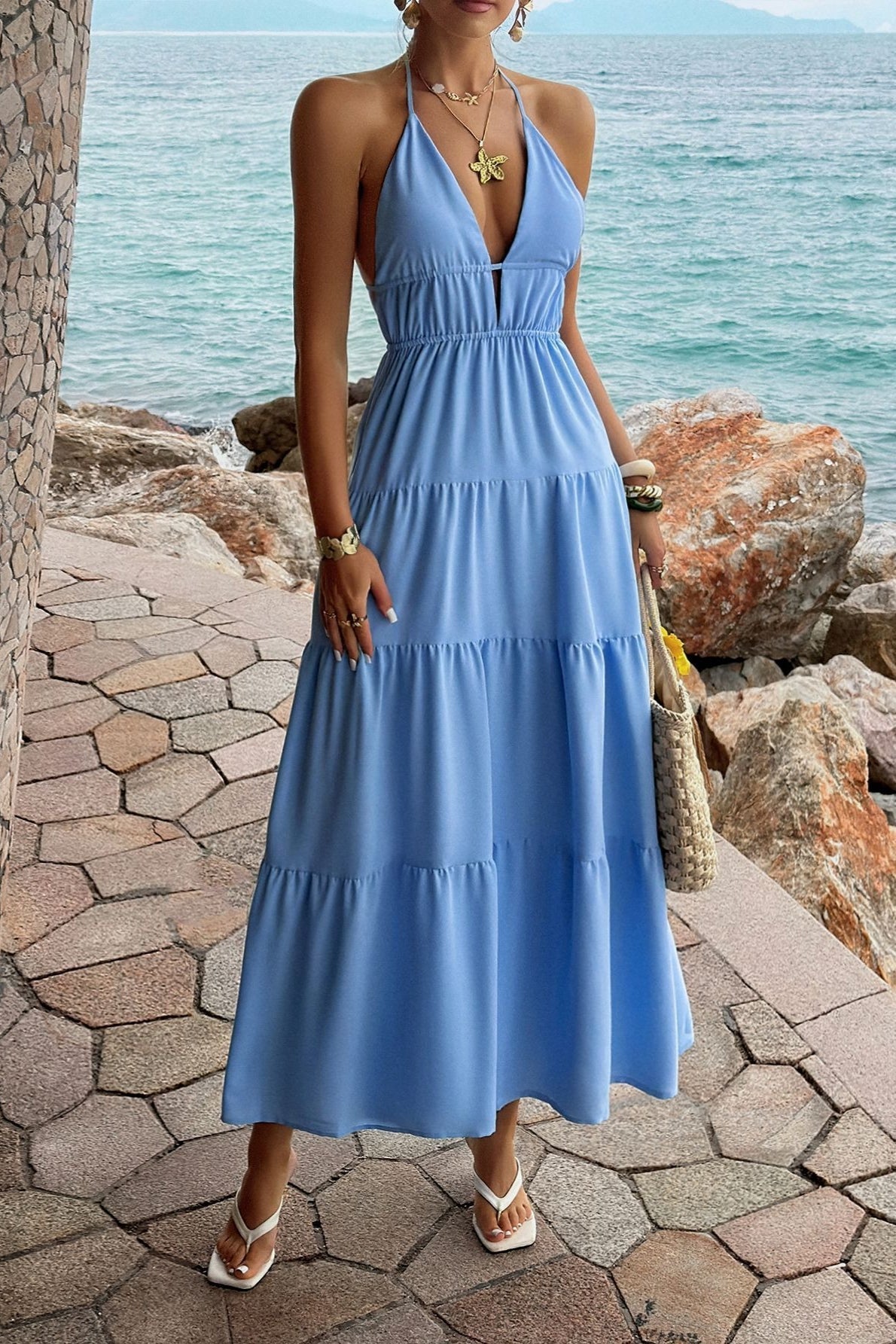 Deep V Neck Halter Smocked Waist Tiered Maxi Dress