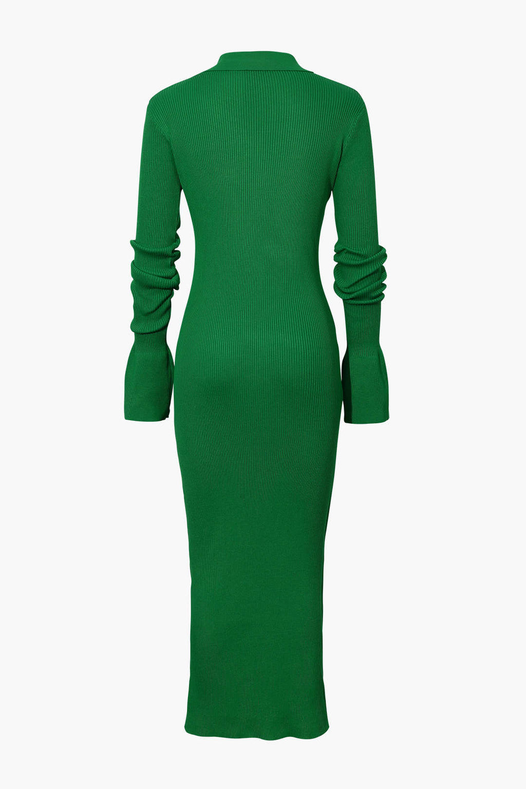 Rib Knit Polo Collar Button Front Flared Cuff Maxi Dress