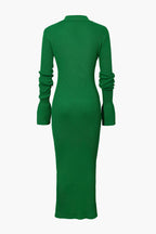Rib Knit Polo Collar Button Front Flared Cuff Maxi Dress