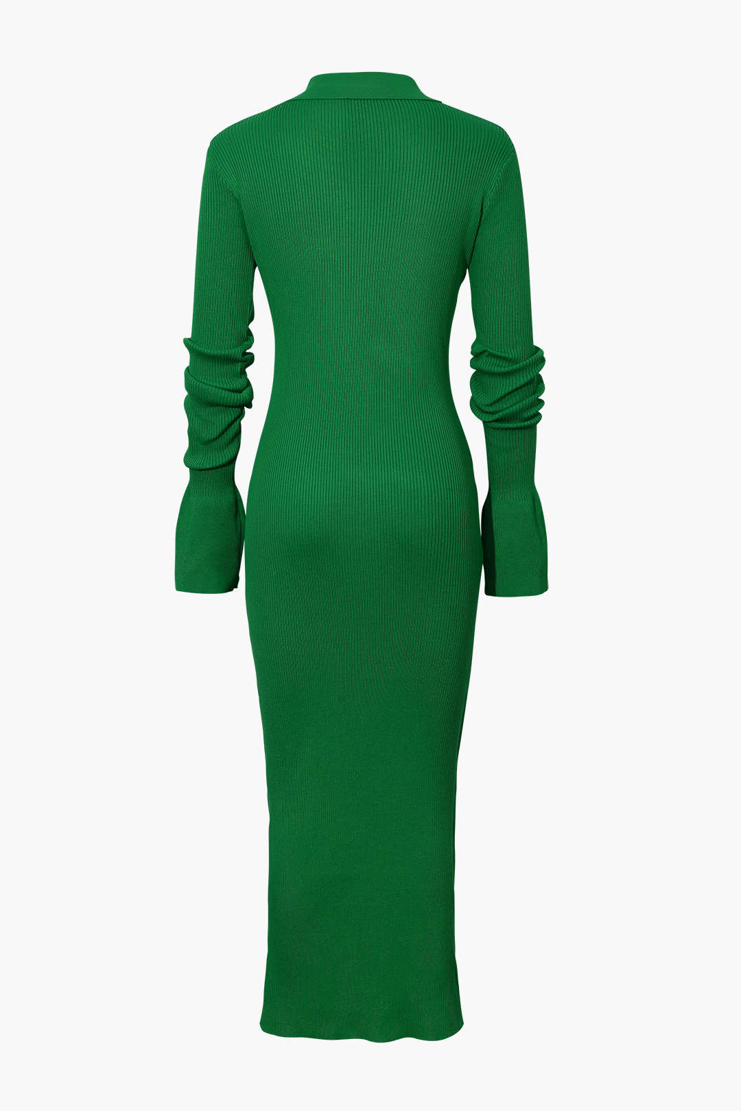 Rib Knit Polo Collar Button Front Flared Cuff Maxi Dress