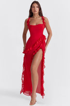 cherry ruffle maxi dress-red