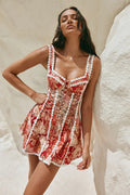 Red Square Neck Lace Trim Corset Lace Up Side Floral Print Mini Dress