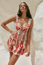 Red Square Neck Lace Trim Corset Lace Up Side Floral Print Mini Dress